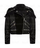New Women&#39;s Black Silver Studded Fringed Brando Cowhide Suede Leather Ja... - $279.99
