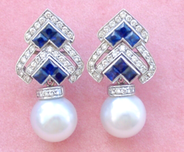 11 mm SOUTH SEA PEARL 4.20 ctw DIAMOND SAPPHIRE STATEMENT COCKTAIL EARRI... - €2.407,06 EUR