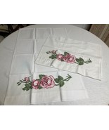 Vintage Pair Handmade Cross-Stitched Embroidery Pillowcases Pink Roses 3... - £15.44 GBP