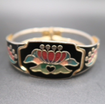 Vintage Cloisonne Hinged Cuff Bracelet Black Pink Flower Goldtone - £13.26 GBP