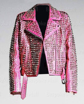 New Women&#39;s Baby Pink Silver Studded Punk Rock Belted Biker Leather Jacket-848 - £392.89 GBP