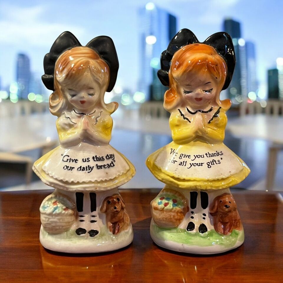 Vintage Enesco Salt &amp; Pepper Shakers Set 2  Prayer Girls yellow black bo... - $32.99