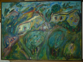 David Messer Listed Paris Artist Painting Oil/C Figures &amp; Houses Signed 74 × 100 - $506.00