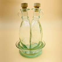 Vintage Italian Cruets Oil and Vinegar Nesting Green Glass Bottles, Tray... - $26.20