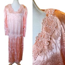 80s Does 30s Plus Size Tall 1X 2X Peach Pink Satin Dropwaist Floral Maxi Dress - £69.11 GBP