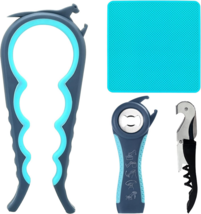 6 in 1 Jar bottle &amp; pull can opener tool set corkscrew grip mat aqua multi tool - £11.28 GBP