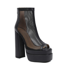 Summer Boots Women Mesh Ankle Boots Peep Toe Thick Heels Platforms Genuine Leath - £115.49 GBP