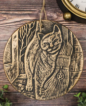 A Brush with Magick Feline Cat With Broomstick Terracotta Medallion Wall Decor - £15.73 GBP