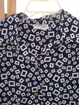 Vtg Brownstone Studio Blue Mo D Squares Geo Print Polyester Blouse Top Size 14 - £15.80 GBP