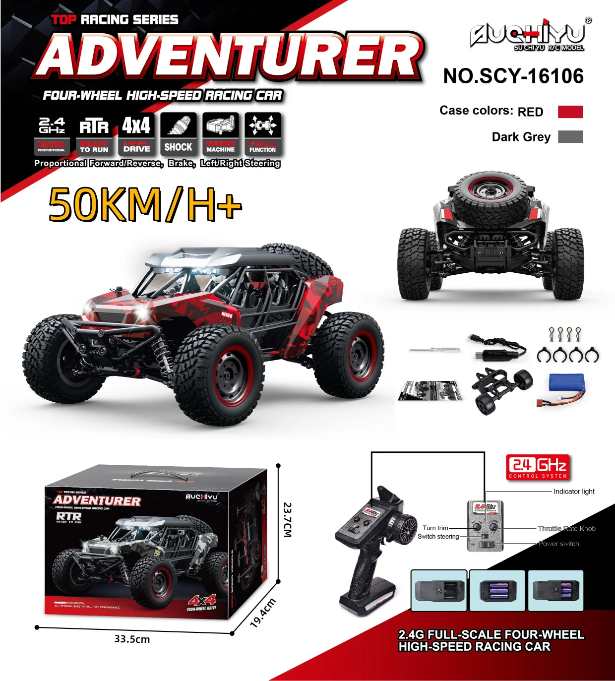 Suchiyu 1:16 50KM/H 4WD Rc Car With Led Remote Control Off-road Cars High Speed - £114.01 GBP