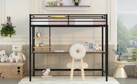 Twin Metal Loft Bed with Desk and Shelve - Black - £265.81 GBP