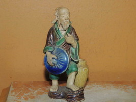 Chinese Mud Man 3.5&quot;brown robe green yellow basket hat Mudman Men Antiqu... - $33.74