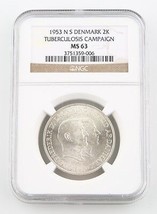 1953-H NS Dinamarca 2 Coronas Moneda de Plata MS-63 NGC Greenland Tuberculosis - £119.64 GBP