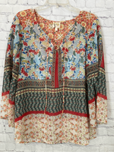Fig &amp; Flower Womens Large Tunic Top Red Blue Mixed Floral Print Tie Neck Flowy - £19.54 GBP