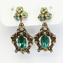 Vintage Screw Back Earrings Emerald Green and Bronze-Tone Art Deco 1.6" ... - $24.49