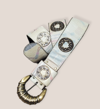 Boho Gold Brass Star Coin and White Leather Belt Y2k Belt M/L - £28.53 GBP