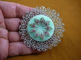 z30-18) green + gold flower glass pink rhinestone Czech glass button brooch pin - £25.55 GBP