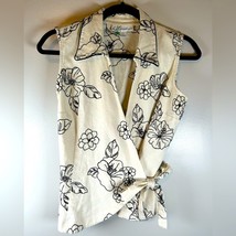 Dressbarn Womens Cream Linen Blend Wrap Shirt with Black Floral Embroide... - $17.81