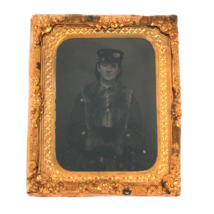 Tintype Photo Young Lady Woman Winter Fur Muff Hat US Stamp #R13c Antique 1860s - £78.21 GBP
