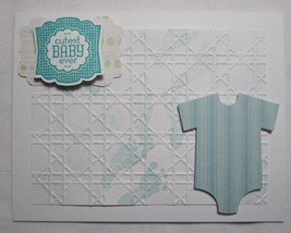 Stampin up! Handmade Card Cutest Baby Ever Girl or Boy Teal Embossed Feet stripe - £4.89 GBP