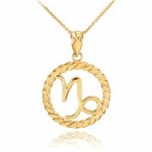 14K Solid Gold Capricorn Zodiac Sign in Circle Rope Pendant Necklace  - £176.08 GBP+