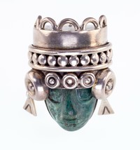 Green Calcite Aztec Mask Figure Brooch By Los Ballesteros Taxco Mexico - $258.84