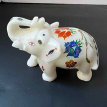 Hand Carved Marble Inlay Elephant with Semi Precious Stone Home Decor Gift - £175.17 GBP