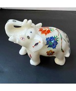 Hand Carved Marble Inlay Elephant with Semi Precious Stone Home Decor Gift - £173.58 GBP
