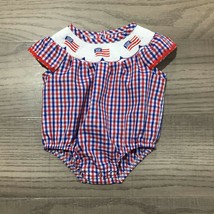 NEW Boutique 4th of July Girls Embroidered US Flag Smocked Gingham Bubble Romper - £13.38 GBP