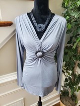Karen Kane Women&#39;s Blue Rayon V-Neck Long Sleeve Pullover Casual Blouse Size L - £20.89 GBP