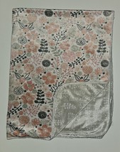 RN 119741 Pink Gray Flowers Leaves Fleece Baby Blanket Reversible Lovey SL Home - £32.11 GBP