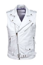 Vest Leather Coat Waistcoat Waist Motorcycle Jacket Biker Men&#39;s Vintage White 26 - £83.93 GBP+