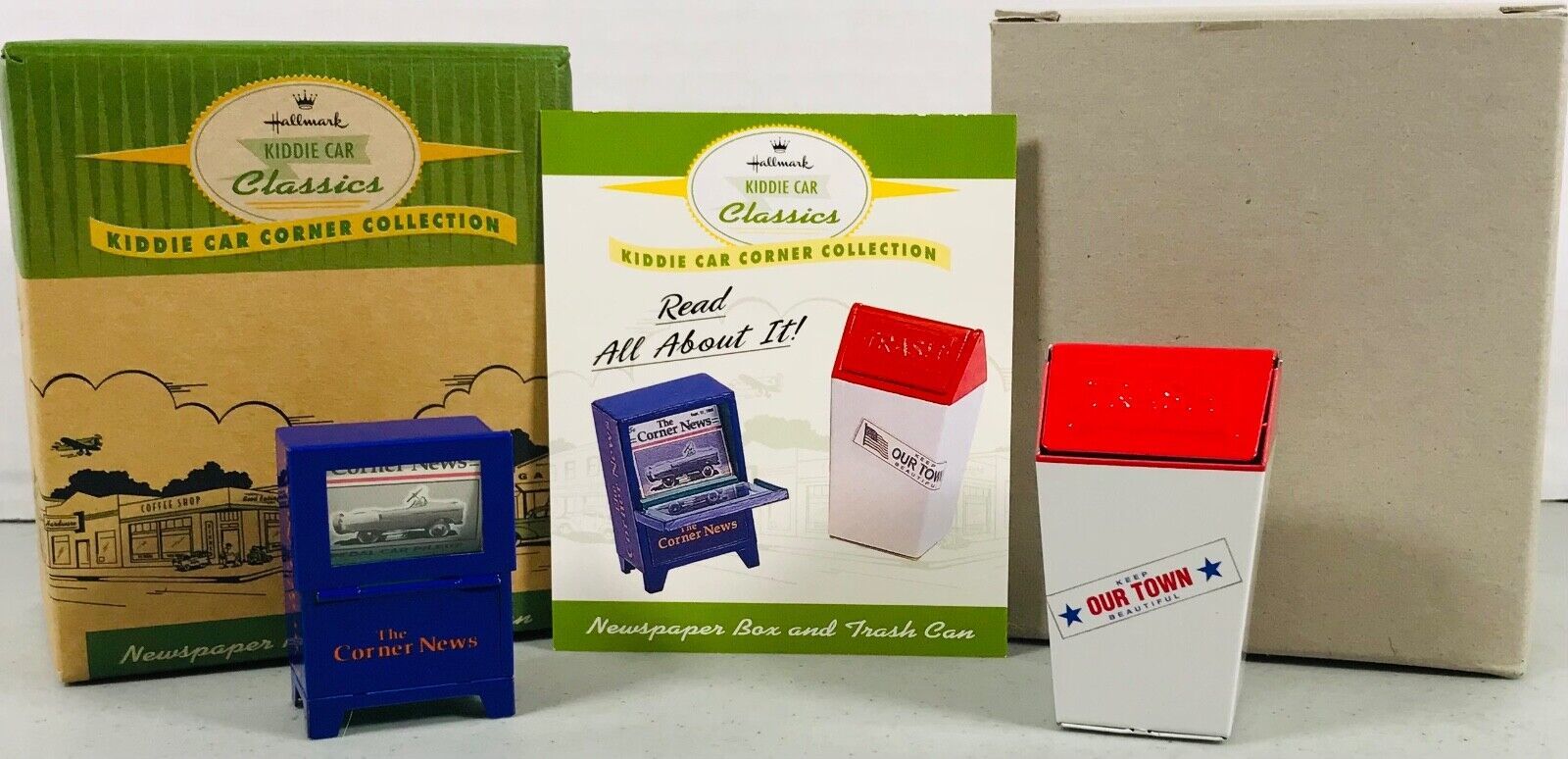 Primary image for 1998 Hallmark Kiddie Car Classics Newspaper Box And Trash Can with Display Card