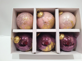 Christmas Ornaments Kugel Style Pink Gold Leaf Glass Tree Decor 6pc - £27.68 GBP