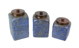Scratch &amp; Dent Set of 3 Blue Brown Fish Design Ceramic Storage Canisters - $59.39