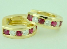 Vintage 1.30CT Round Simulated Ruby &amp; Diamond HOOP Earring 9K Yellow Gold Plated - £57.88 GBP