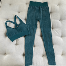ASOS South Beach Seamless Shimmer Green Silver Leggings Sports Bra Activ... - $28.80