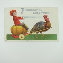 Thanksgiving Postcard Wild Turkey Cart Boy Rides Pumpkin Embossed Antique - £7.85 GBP