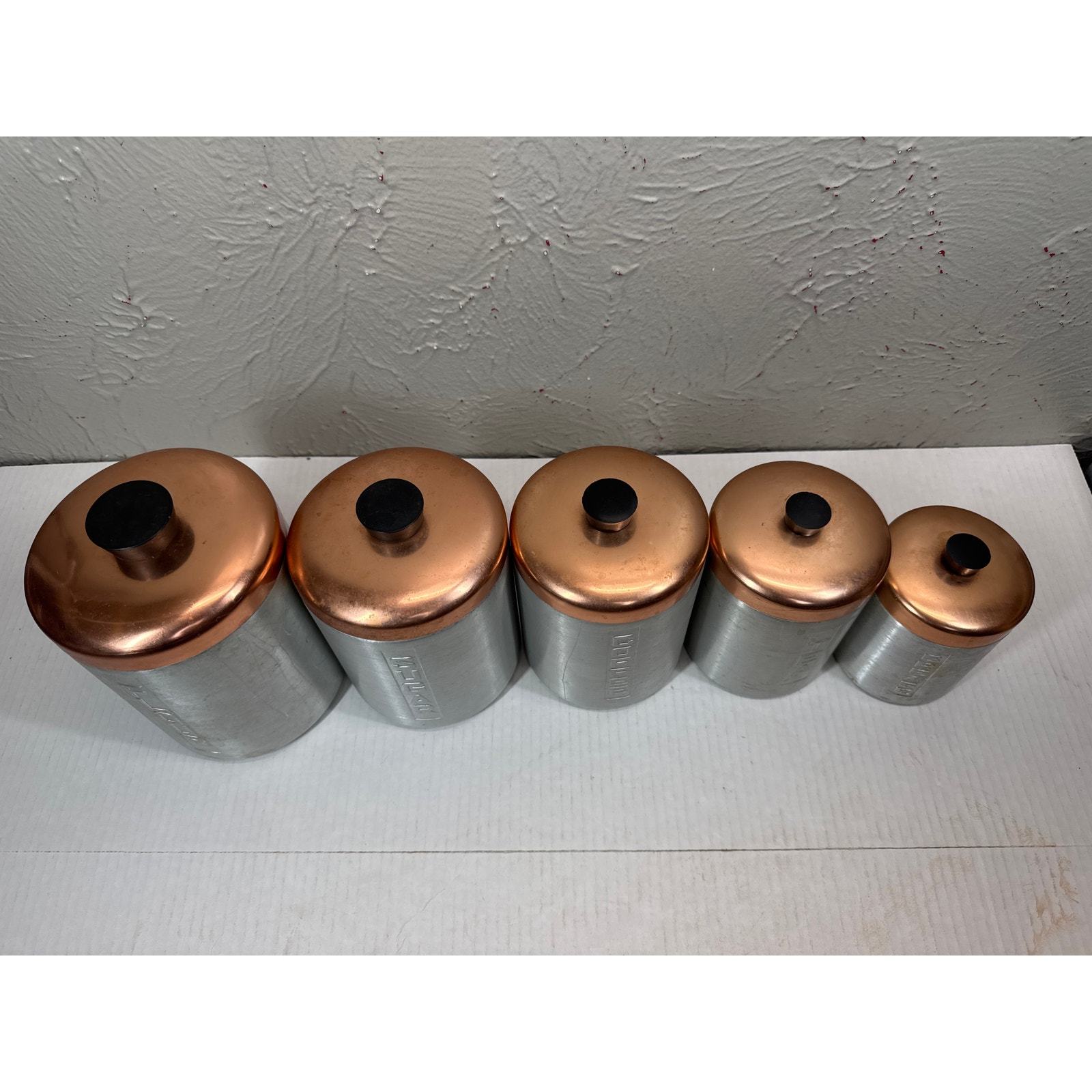 MCM Set of 5 Spun Aluminum Kitchen Canisters Copper Color Lids Made in Italy Item image 2