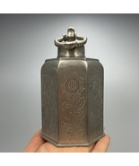 Vintage German Pewter Flask Octagonal Engraved Metal Bottle Collectible 13.5cm - $185.00