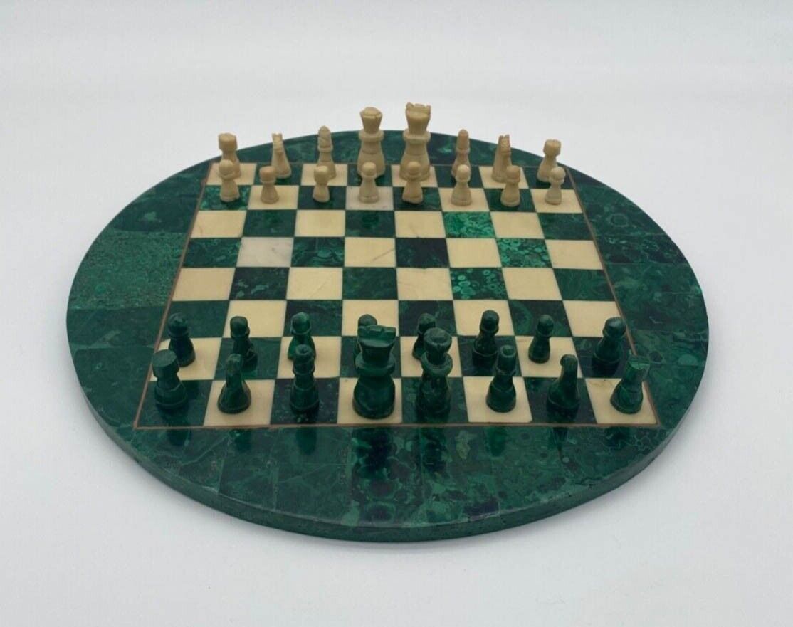 Primary image for Marble Green Malachite Stone Round Chess Set Table Top With Pieces
