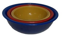 Vtg 80&#39;s PYREX 3Primary Color Mixing Bowl Set, Clear Bottom, Nesting Blue Yellow - £30.91 GBP