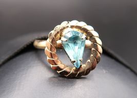 Vtg Gold Tone Adjustable Ring Pear Shape Prong Set Aqua Blue Rhinestone - $14.99
