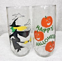 Pair Vintage Halloween Drink Glasses Witch on Broom Jack O Lanterns Ghosts - £18.25 GBP