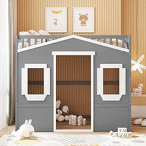 , House Shaped Bed With Ladder And Window, Solid Wood Loft Bed Frame For Kids/Te - £866.81 GBP