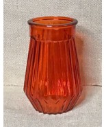 Groovy Retro Boho Jewel Tone Orange Ribbed Glass Vase w Clear Bottom - $26.73