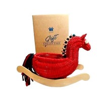 Avon Wicker Rocking Horse Red Basket Shelf Sitter Wood Yarn Tail 8-in VT... - $218.76 MXN