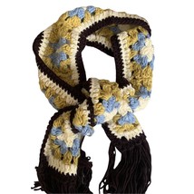 Granny Square Black Gold Crocheted Scarf Fringe Hem NWOT - £22.14 GBP