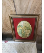 Vintage Wood Framed Wall Decor Children On A Oval Crackled Plaque 5.5&quot;x4.5&quot; - $35.64 CAD
