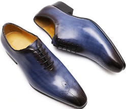Oxford Blue Brogue Toe Patina Handmade Leather Wholecut Men Lace Up Formal Shoes - $149.99